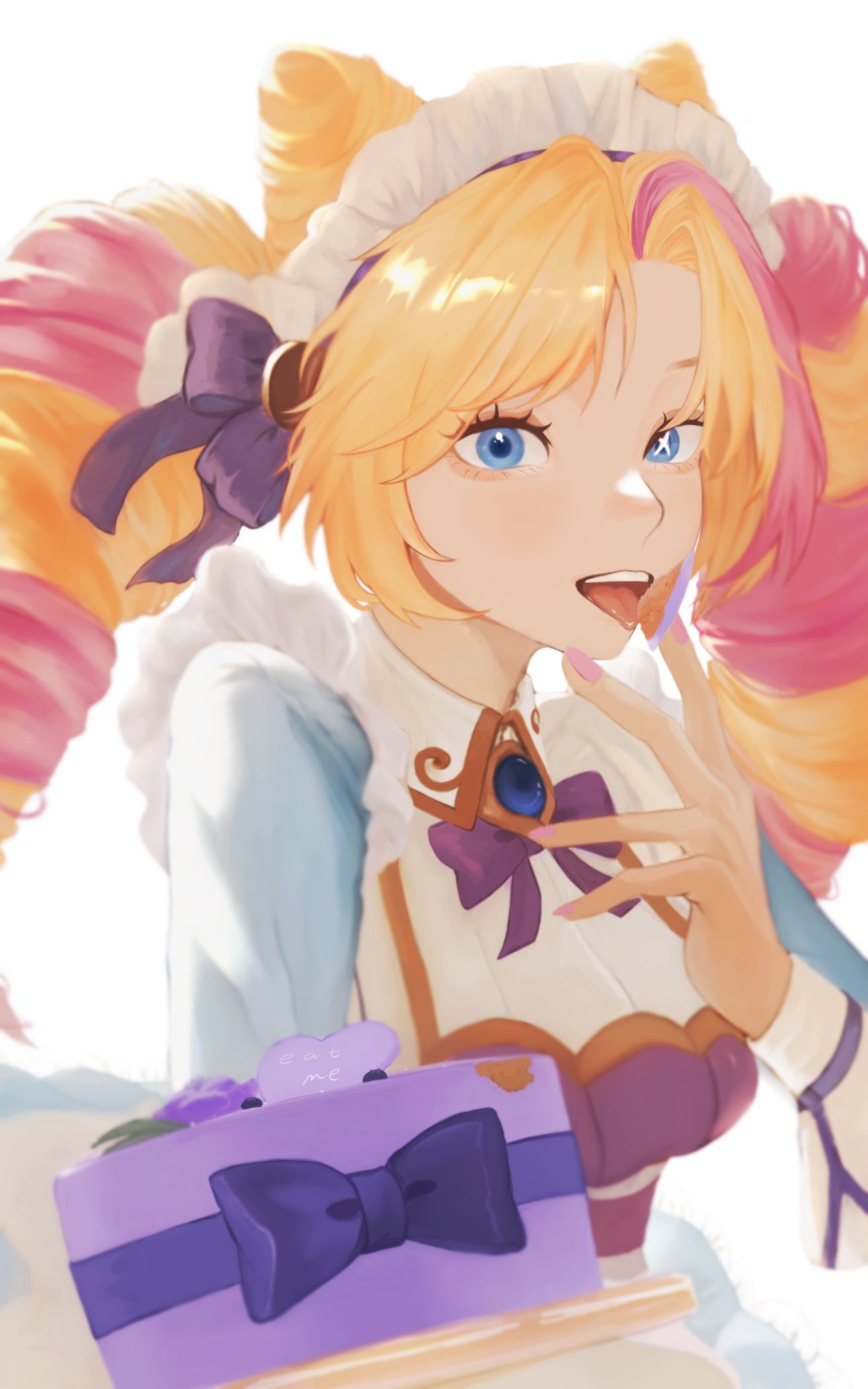 1girl blonde_hair blue_eyes bow bowtie box breasts cafe_cuties_(league_of_legends) cafe_cuties_gwen cone_hair_bun drill_hair ganjing gift gift_box gwen_(league_of_legends) hair_bow hair_bun hand_up highres league_of_legends long_fingers long_hair long_sleeves looking_at_viewer maid maid_headdress multicolored_hair nail_polish open_mouth parted_bangs pink_hair pink_nails smile solo tongue tongue_out twin_drills twintails two-tone_hair upper_body