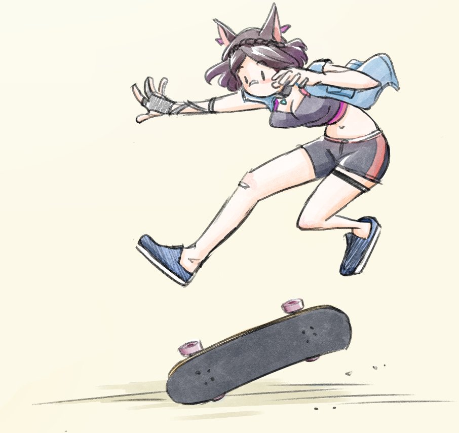 1girl animal_ears bike_shorts blue_jacket braid brown_hair cat_ears commentary crop_top english_commentary fingerless_gloves gloves jacket jumping midriff navel open_clothes open_jacket original shoes short_hair simple_background skates skating sneakers solo zoomie |_|