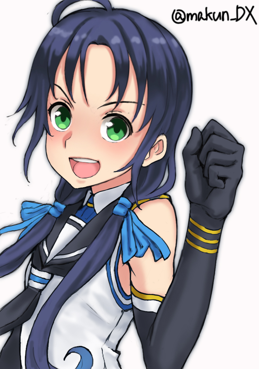 1girl ahoge black_gloves black_hair black_sailor_collar elbow_gloves gloves green_eyes highres kantai_collection long_hair looking_at_viewer low_twintails maakun_(makun_dx) one-hour_drawing_challenge open_mouth round_teeth sailor_collar school_uniform serafuku shirt simple_background sleeveless sleeveless_shirt smile solo suzukaze_(kancolle) teeth twintails twitter_username upper_body upper_teeth_only white_background white_shirt