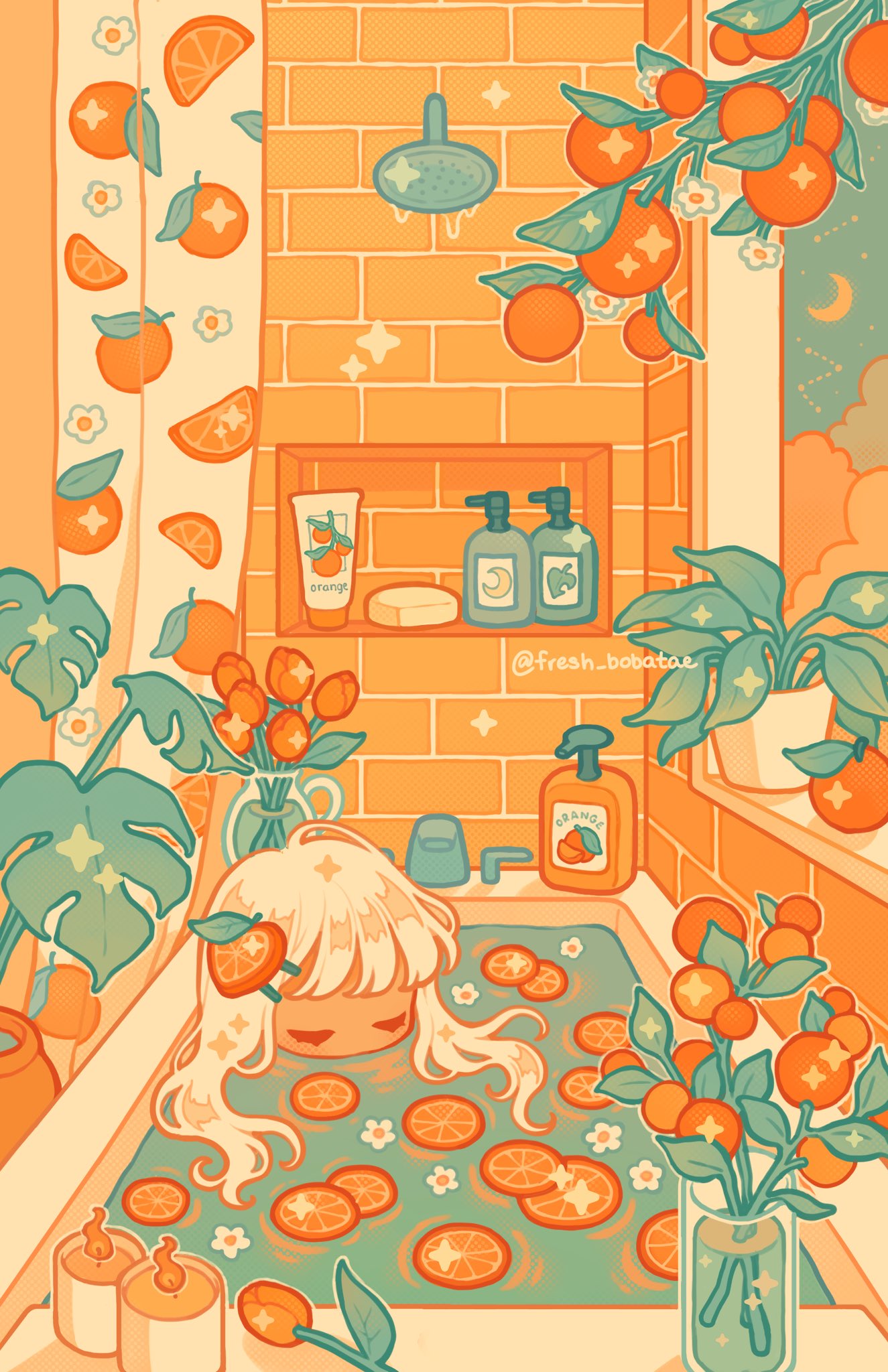 1girl bar_soap bathing bathroom bathtub candle closed_eyes constellation crescent_moon curtains emily_kim flower food fruit highres indoors leaf long_hair moon night no_mouth no_nose orange_(fruit) original partially_submerged plant potted_plant tulip twitter_username vase white_flower white_hair window