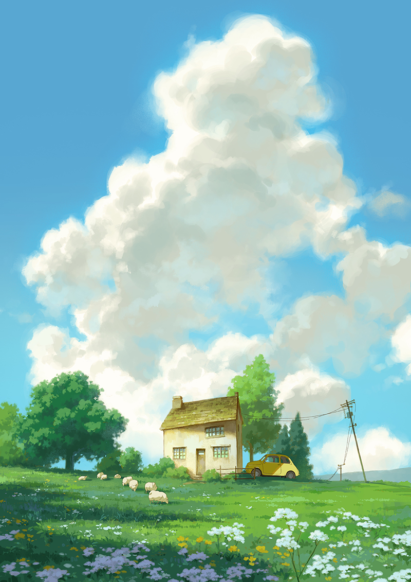 blue_sky bush car chimney clouds cloudy_sky commentary day door english_commentary fence field flower grass hill house motor_vehicle no_humans original outdoors power_lines reengirl scenery sheep sky tree utility_pole white_flower window wooden_fence yellow_flower
