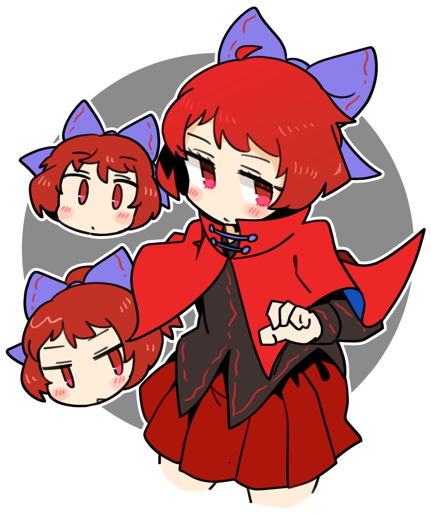 1girl black_shirt blue_bow bow cape cowboy_shot cropped_legs disembodied_head hair_bow ini_(inunabe00) long_sleeves pleated_skirt red_cape red_eyes red_skirt redhead sekibanki shirt short_hair skirt solo touhou
