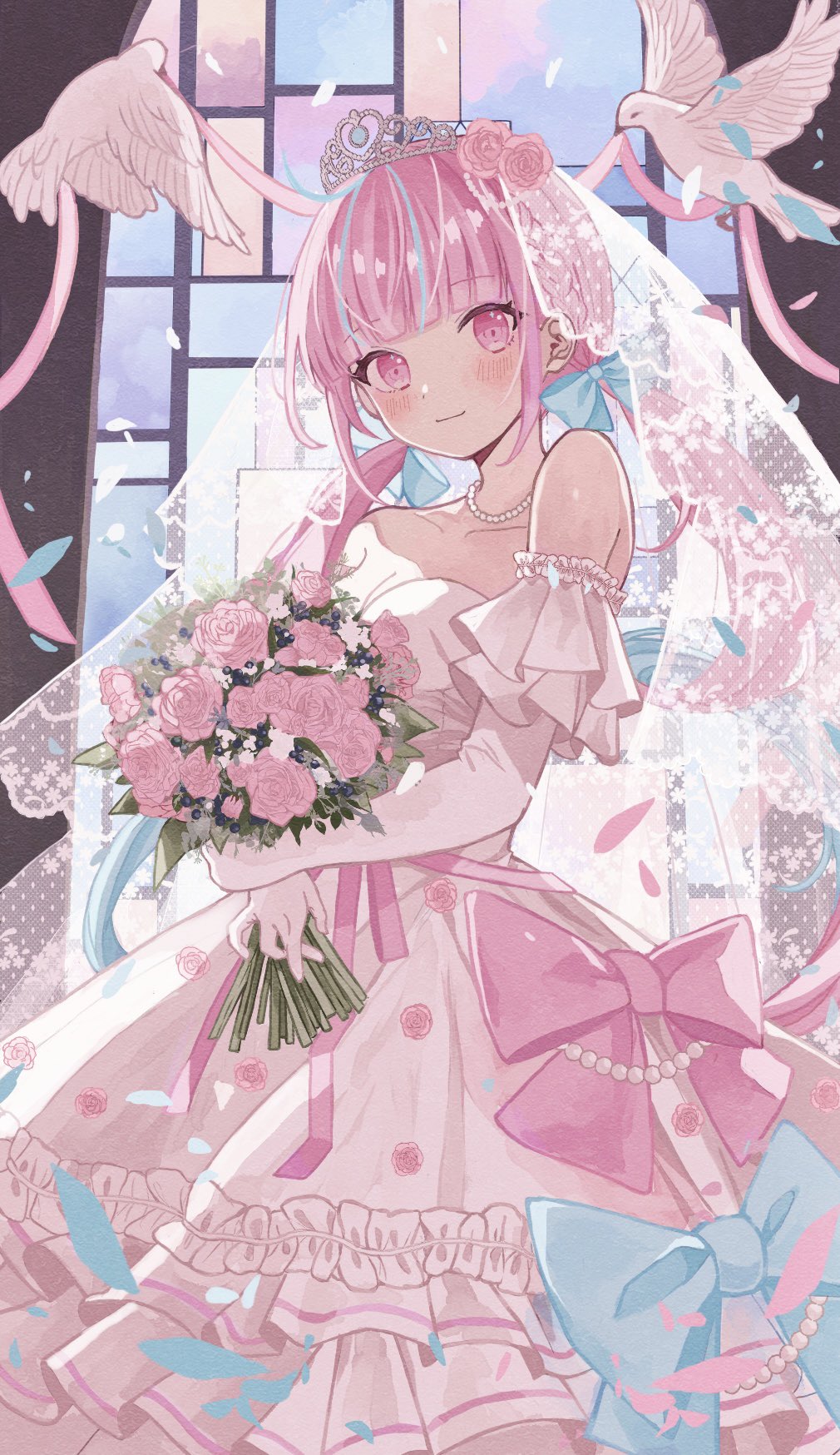 1girl alternate_costume bare_shoulders bird bouquet bridal_veil bride dove dress flower gloves highres holding holding_bouquet hololive jewelry looking_at_viewer minato_aqua necklace pearl_necklace pink_eyes pink_hair solo strapless strapless_dress tiara veil virtual_youtuber wedding_dress white_dress white_gloves yuzuriha_(nx_e78)