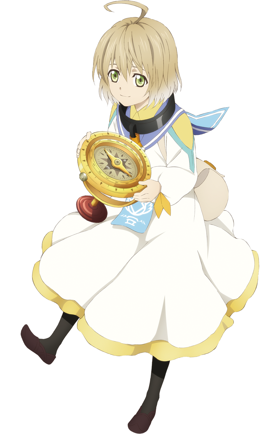 1boy ahoge blonde_hair dress english_commentary full_body green_eyes hair_between_eyes highres laphicet_(tales) long_sleeves looking_at_viewer male_child male_focus official_art pantyhose sailor_collar shoes smile solo tales_of_(series) tales_of_asteria tales_of_berseria transparent_background white_dress