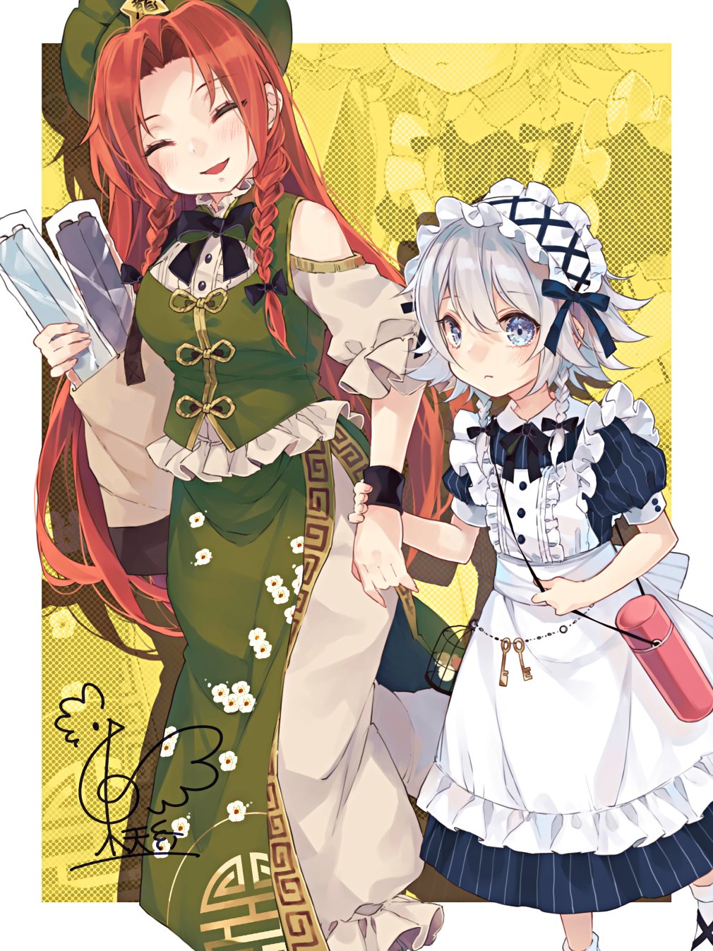2girls apron blue_eyes braid chinese_clothes closed_mouth dress frilled_apron frilled_sleeves frills green_dress green_headwear grey_hair hair_between_eyes hat hat_ornament highres hong_meiling izayoi_sakuya long_hair maid maid_apron maid_headdress multiple_girls puffy_short_sleeves puffy_sleeves redhead short_hair short_sleeves signature star_(symbol) star_hat_ornament touhou toutenkou twin_braids white_apron