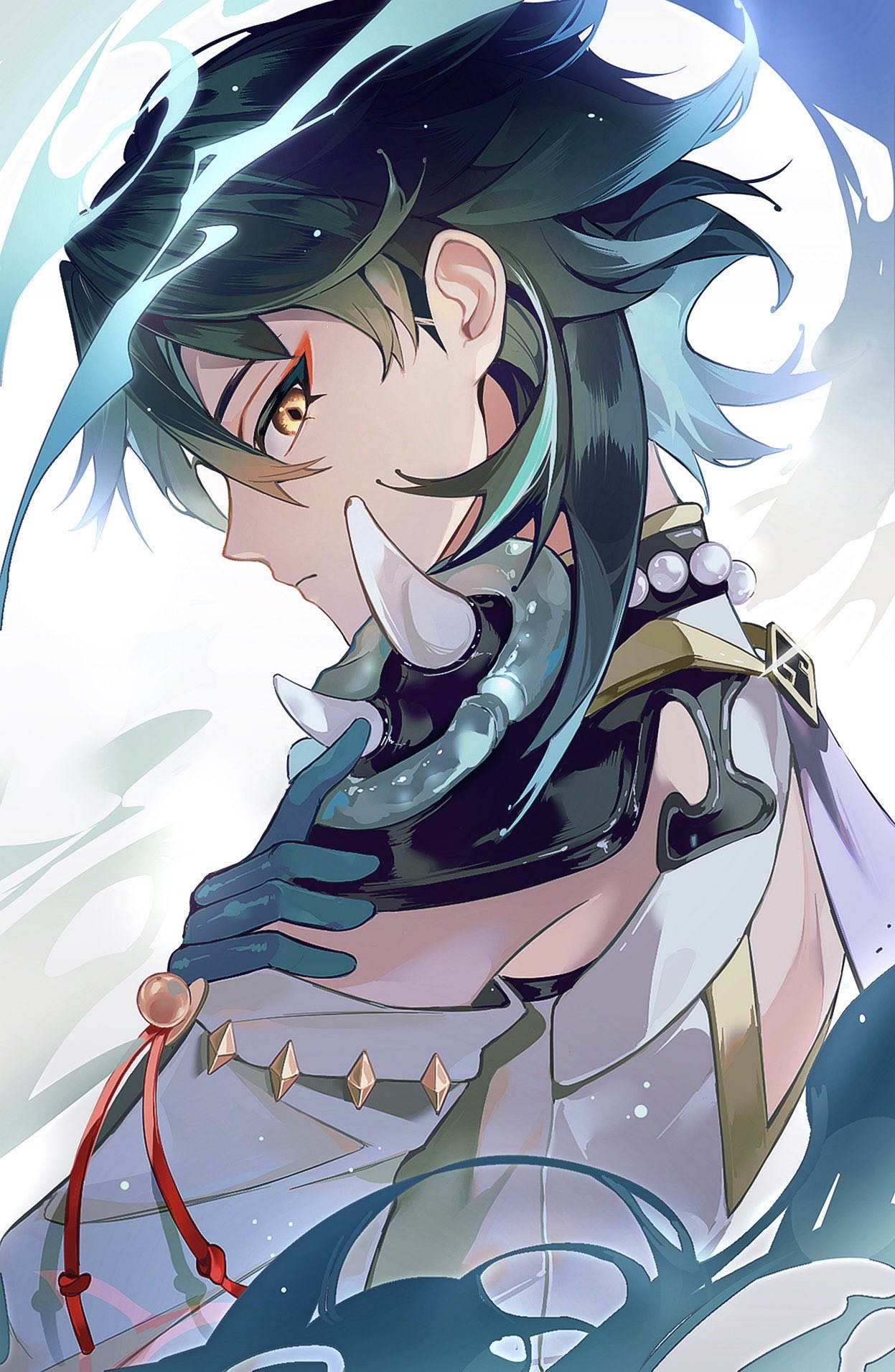 1boy bead_necklace beads black_hair blue_hair closed_mouth detached_sleeves eyeshadow from_side genshin_impact gloves hair_between_eyes highres jewelry looking_at_viewer makeup male_focus multicolored_hair narishln necklace profile red_eyeshadow solo spikes xiao_(genshin_impact) yellow_eyes