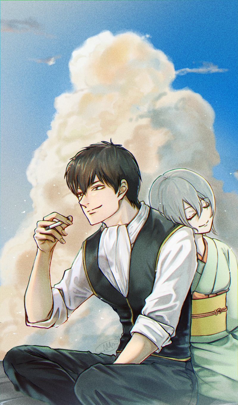 1boy 1girl ascot black_hair black_pants blue_sky character_request cigarette closed_mouth clouds feet_out_of_frame gintama grey_hair highres hijikata_toushirou holding holding_cigarette medium_hair pants robe shinomy short_hair sky sweater_vest white_ascot white_robe