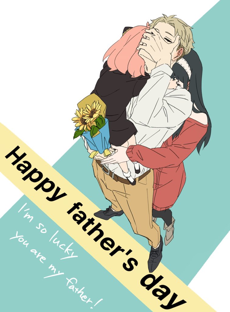 1boy 2girls anya_(spy_x_family) ayamame bare_shoulders belt black_dress black_footwear black_thighhighs blonde_hair blush boots bouquet brown_belt brown_pants closed_eyes commentary_request dress ear_blush english_text father's_day father_and_daughter female_child flower hairband hairpods hand_on_own_face holding holding_bouquet hug hug_from_behind husband_and_wife long_hair mother_and_daughter multiple_girls off-shoulder_dress off_shoulder pants pink_hair red_dress shirt short_hair sidelocks socks spy_x_family standing sunflower sweater sweater_dress thigh-highs twilight_(spy_x_family) undercut white_hairband white_shirt yor_briar