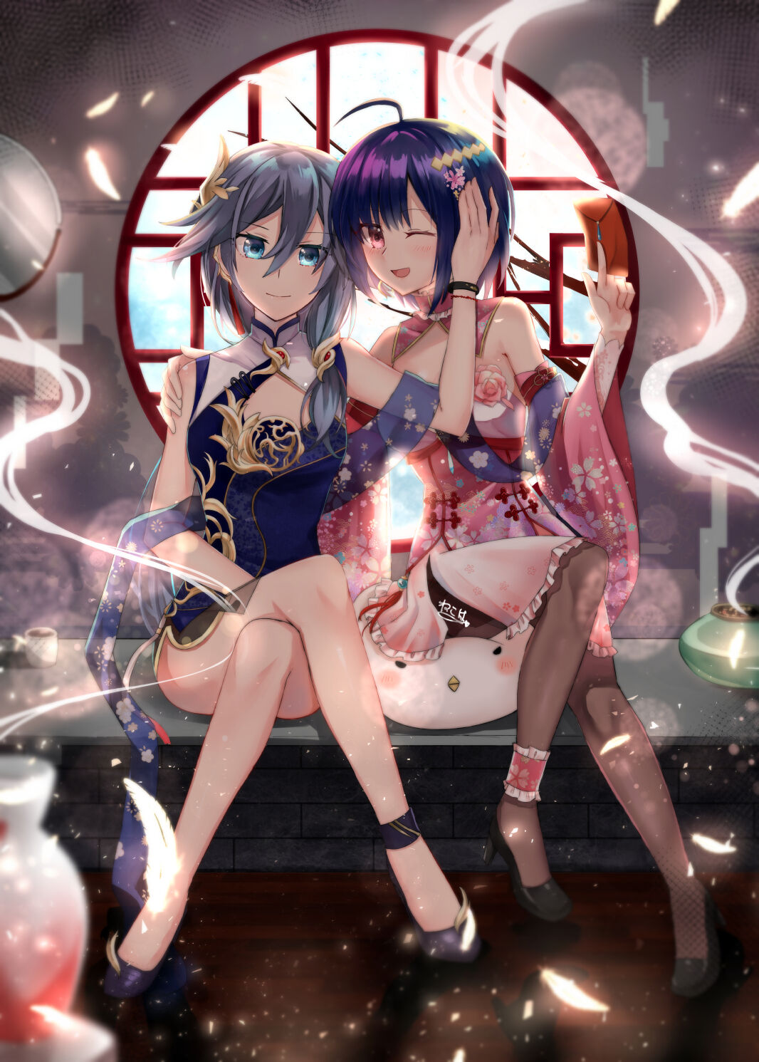 2girls :d ahoge bad_id bad_pixiv_id black_footwear black_hair blue_dress blue_eyes china_dress chinese_clothes cleavage_cutout closed_mouth clothing_cutout couch crossed_legs dress feathers fu_hua fu_hua_(valkyrie_accipiter) full_body hair_ornament high_heels highres honkai_(series) honkai_impact_3rd indoors long_hair looking_at_viewer multiple_girls nekoha_gc one_eye_closed open_mouth pink_dress pink_sleeves ponytail seele_(alter_ego) seele_vollerei short_hair sitting sleeveless sleeveless_dress smile