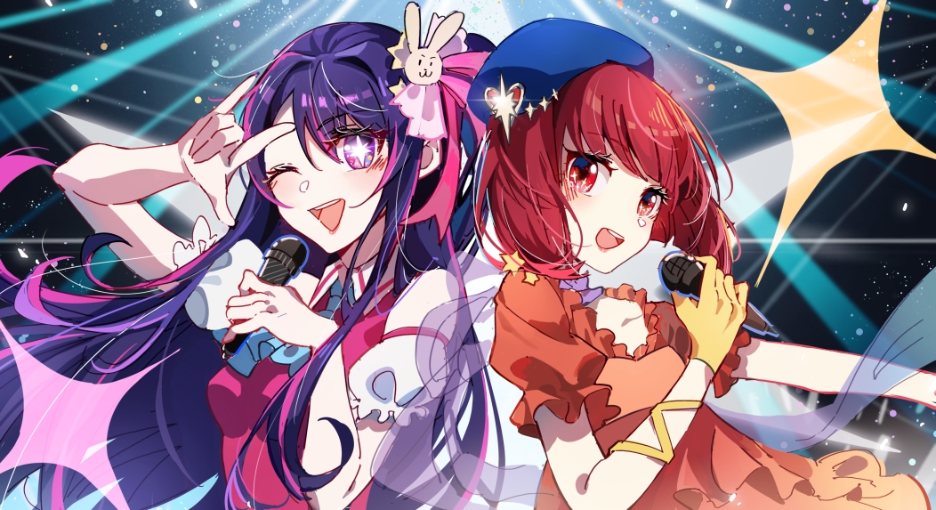 ;d \n/ arima_kana ascot beret blue_ascot blue_headwear blush bob_cut commentary detached_sleeves dress frilled_dress frilled_sleeves frills gloves hair_between_eyes hair_ornament hair_ribbon hand_up hat holding holding_microphone hoshino_ai_(oshi_no_ko) idol idol_clothes inverted_bob light_particles long_hair looking_at_viewer medium_hair microphone multicolored_hair one_eye_closed one_side_up open_mouth orange_dress oshi_no_ko pink_dress pink_hair pink_ribbon puffy_short_sleeves puffy_sleeves purple_hair rabbit_hair_ornament red_eyes redhead ribbon rxxxx_(77698007) short_sleeves sleeveless sleeveless_dress smile sparkle stage_lights star-shaped_pupils star_(symbol) star_hair_ornament streaked_hair symbol-shaped_pupils teeth upper_body upper_teeth_only violet_eyes yellow_gloves