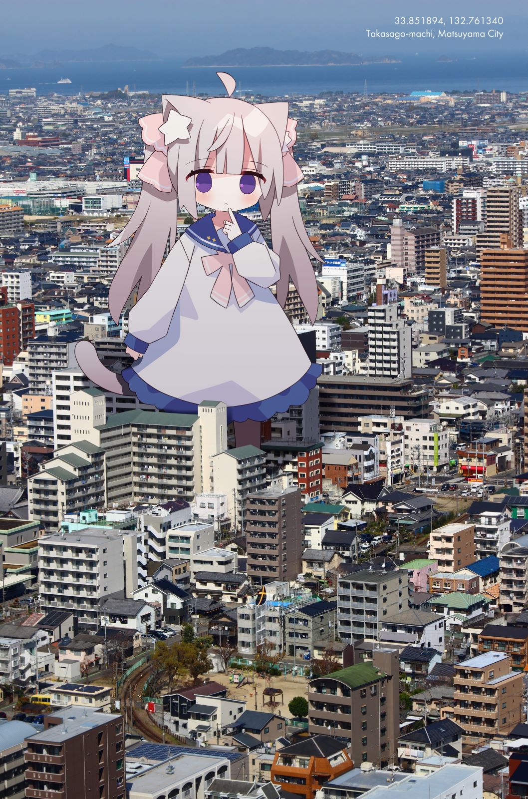 1girl ahoge animal_ears blue_sailor_collar blush building cat_ears cat_girl cat_tail closed_mouth commentary_request dress finger_to_mouth giant giantess grey_dress grey_hair hair_ribbon hand_up highres horizon long_hair long_sleeves nakkar ocean original photo_background pink_ribbon puffy_long_sleeves puffy_sleeves railroad_tracks ribbon sailor_collar sailor_dress sleeves_past_wrists solo standing tail twintails very_long_hair violet_eyes water