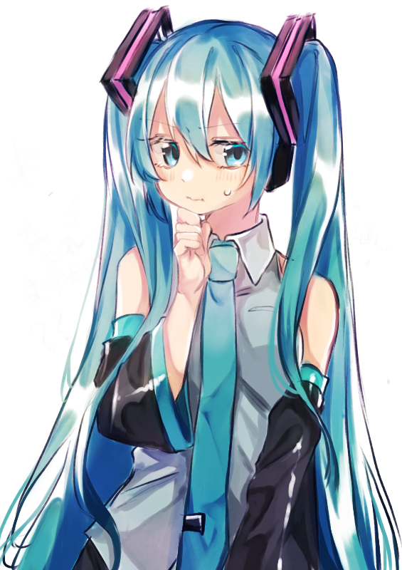 1girl arm_at_side bare_shoulders black_skirt black_sleeves blue_eyes blue_hair blue_necktie blush collared_shirt detached_sleeves hair_ornament hand_on_own_chin hatsune_miku headset long_hair long_sleeves looking_at_viewer necktie nuko_0108 pout raised_eyebrows shirt sidelocks simple_background skirt sleeveless sleeveless_shirt solo sweatdrop tie_clip twintails upper_body very_long_hair vocaloid white_background white_shirt