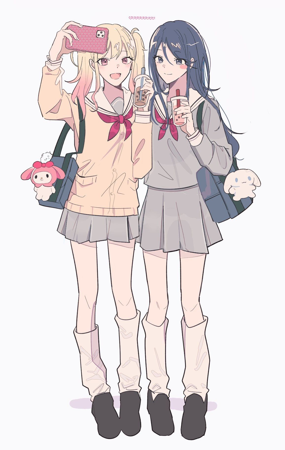 2girls 3939_otp :3 :d animal_ears bad_id bad_twitter_id bag bag_charm black_eyes black_footwear black_stripes blonde_hair blue_bag blue_eyes blue_hair blush blush_stickers bow bubble_tea buttons cardigan cellphone charm_(object) cinnamoroll closed_mouth cup disposable_cup dog dot_nose double-parted_bangs drink drinking_straw fingernails full_body grey_serafuku grey_skirt hair_between_eyes hair_over_shoulder heart heart_print highres holding holding_cup holding_drink holding_phone hoshino_ichika_(project_sekai) loafers long_hair long_sleeves looking_at_phone loose_socks lop_rabbit_ears miyamasuzaka_girls'_academy_school_uniform multiple_girls my_melody neckerchief nose_blush open_mouth phone pink_eyes pink_hair pocket project_sekai rabbit_ears red_bow red_neckerchief sailor_collar sanrio school_bag school_uniform serafuku shoes shoulder_bag simple_background single_stripe skirt sleeve_cuffs smartphone_case smile socks standing striped stuffed_animal stuffed_dog stuffed_rabbit stuffed_toy swept_bangs tenma_saki twintails wavy_hair white_background white_sailor_collar white_socks white_stripes yellow_cardigan