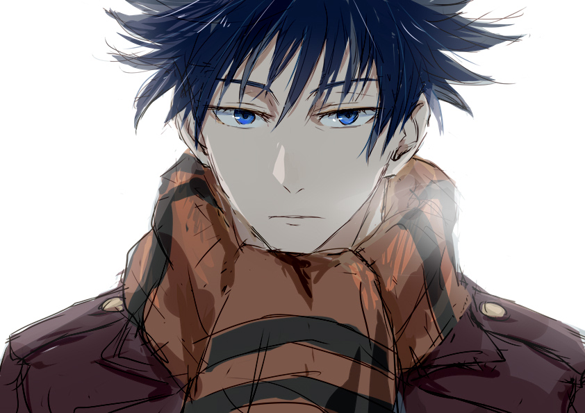 1boy black_hair blue_eyes closed_mouth commentary_request fushiguro_megumi jujutsu_kaisen looking_at_viewer male_focus nori20170709 portrait scarf short_hair simple_background solo striped striped_scarf white_background