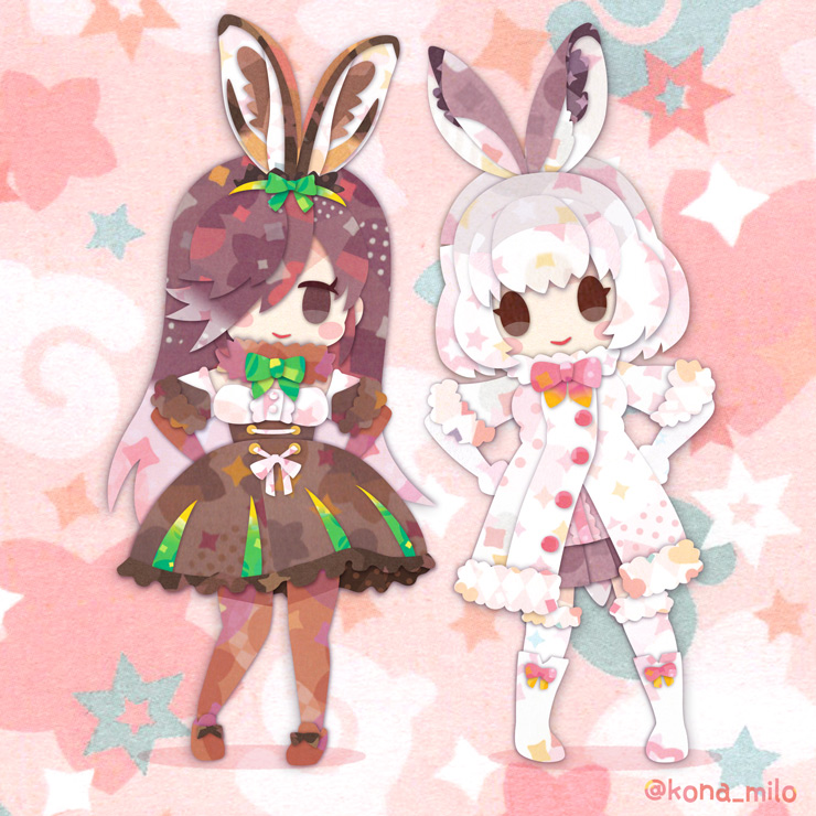 2girls animal_ears boots bow bowtie brown_eyes brown_hair coat dress elbow_gloves european_hare_(kemono_friends) extra_ears gloves kemono_friends kikuchi_milo long_hair looking_at_viewer mountain_hare_(kemono_friends) multiple_girls pantyhose rabbit_ears rabbit_girl rabbit_tail short_hair simple_background skirt tail white_hair