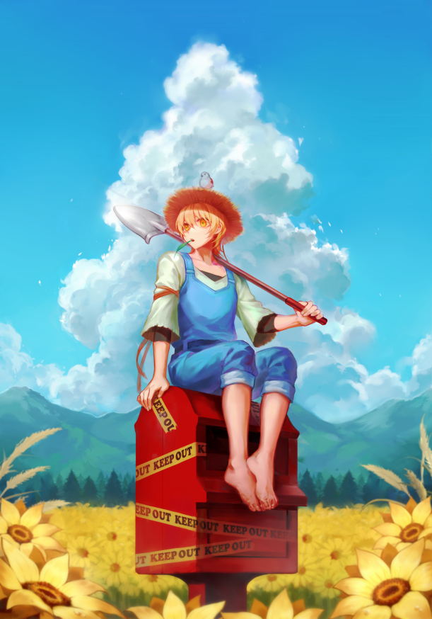 1boy abr_fairy blonde_hair blue_sky blurry blurry_background character_request clouds copyright_request farmer flower full_body hill keep_out male_focus mouth_hold pine_tree shovel sitting sky solo stalk_in_mouth tree yellow_eyes yellow_flower