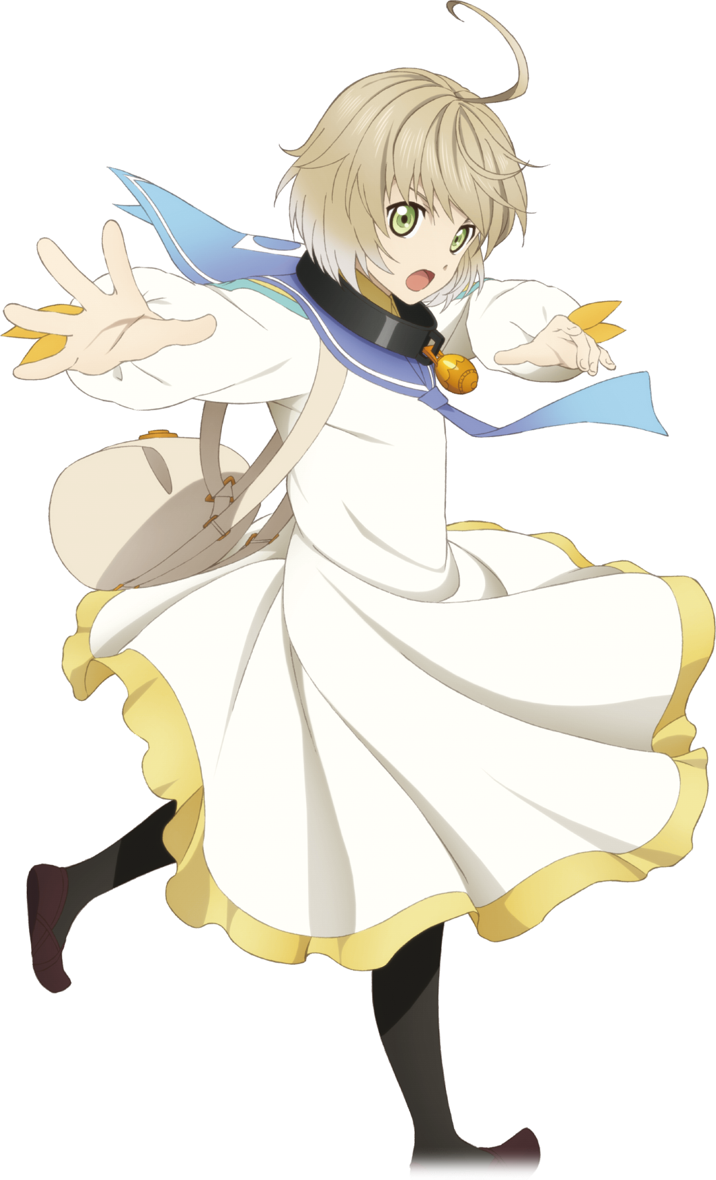 1boy ahoge blonde_hair dress english_commentary fingernails full_body hair_between_eyes highres laphicet_(tales) male_child male_focus official_art open_mouth palms pantyhose sailor_collar shoes solo tales_of_(series) tales_of_asteria tales_of_berseria white_dress