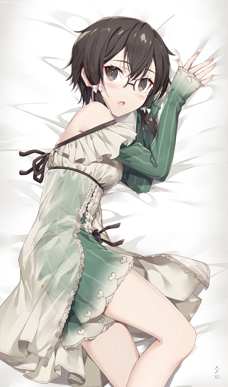 1girl :o alternate_costume asada_shino bare_shoulders bed_sheet black_eyes black_hair bow breasts dress feet_out_of_frame frills from_above gabiran glasses green_dress hair_between_eyes hair_bow highres long_sleeves lying medium_hair open_mouth see-through sleeves_past_wrists small_breasts solo striped_sleeves sword_art_online white_bow