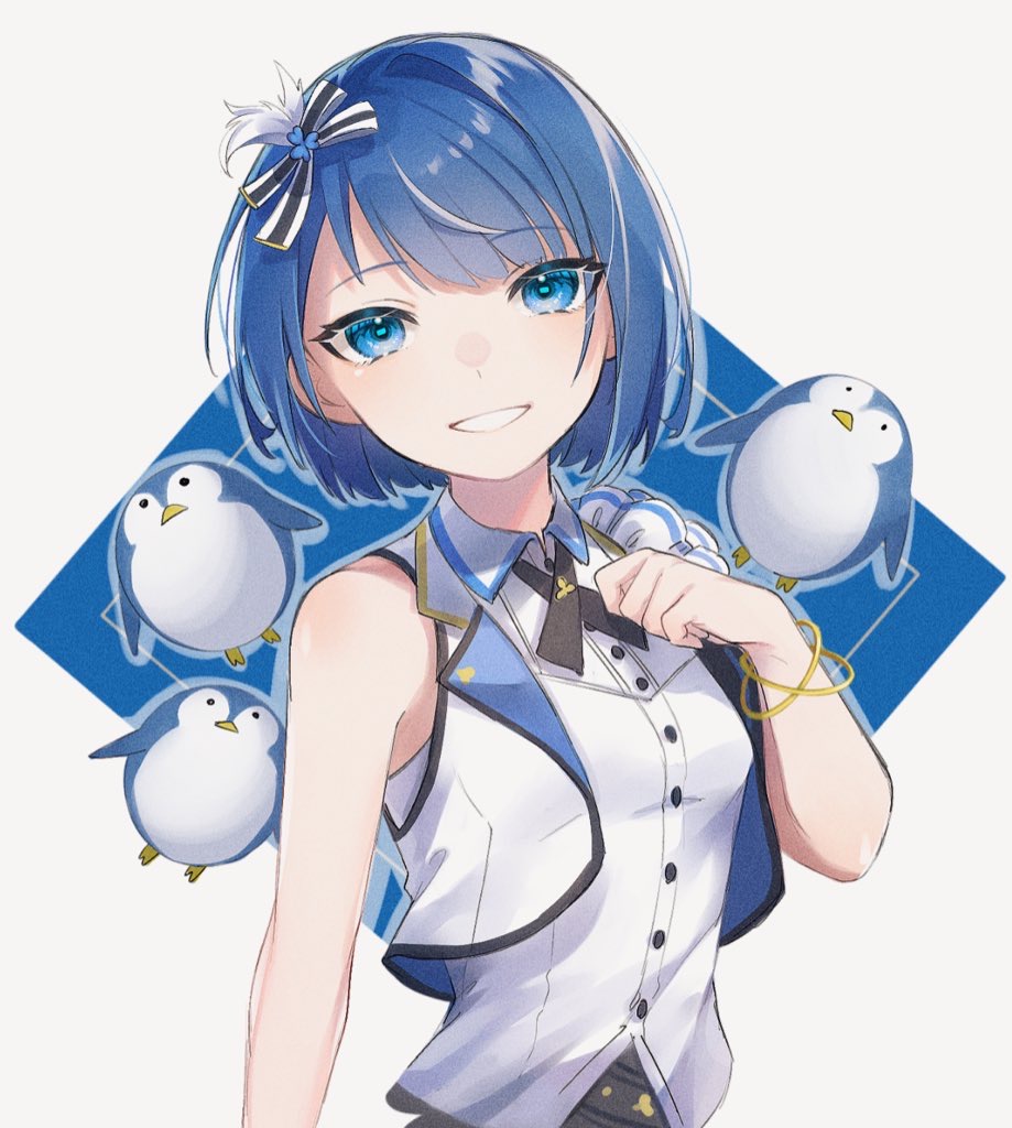 1girl arm_at_side bare_shoulders bird black_ribbon blue_eyes blue_hair blue_jacket blush bob_cut bracelet collared_shirt cropped_jacket dot_nose grin hair_ribbon hand_on_own_chest idol_clothes jacket jewelry kiritani_haruka looking_at_viewer nuko_0108 open_mouth penguin project_sekai raised_eyebrows ribbon shirt short_hair sidelocks simple_background sleeveless sleeveless_jacket sleeveless_shirt smile solo swept_bangs teeth two-sided_fabric two-sided_jacket upper_body white_background white_jacket white_shirt