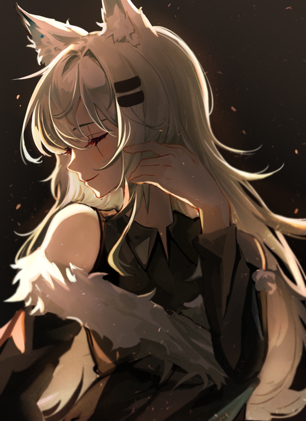 1girl animal_ear_fluff animal_ears arknights bare_shoulders black_shirt closed_eyes closed_mouth collared_shirt commentary_request grey_hair hair_between_eyes hair_ornament hairclip highres langou62797 lappland_(arknights) long_hair scar scar_across_eye shirt sleeveless sleeveless_shirt smile solo upper_body
