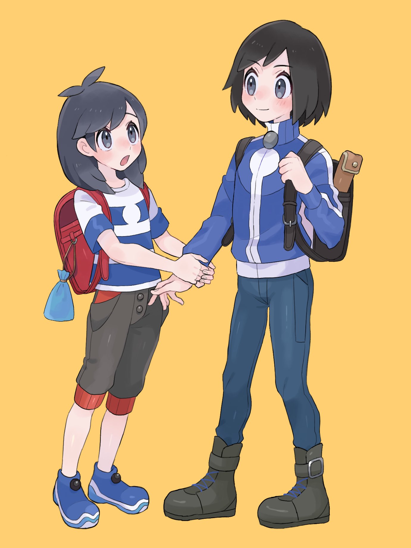 2boys antenna_hair backpack bag black_hair blue_footwear blue_jacket blush boots calem_(pokemon) capri_pants closed_mouth commentary elio_(pokemon) eye_contact grey_eyes highres holding_another's_wrist holding_strap jacket long_hair looking_at_another male_focus multiple_boys open_mouth pants pokemon pokemon_(game) pokemon_sm pokemon_xy red_bag sana_(37pisana) shirt shoes short_sleeves smile standing striped striped_shirt symbol-only_commentary yellow_background