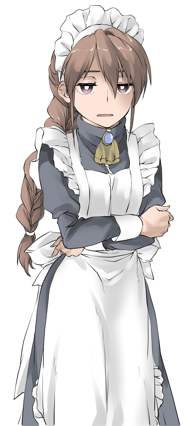 1girl apron ascot black_dress blank_stare braid braided_ponytail brooch brown_eyes brown_hair cowboy_shot crossed_arms dress elf_(stroll_in_the_woods) frilled_apron frills hair_between_eyes high_collar highres jewelry juliet_sleeves long_dress long_hair long_sleeves looking_at_viewer maid maid_headdress original parted_lips puffy_sleeves sidelocks simple_background solo straight-on textless_version white_apron white_background yellow_ascot