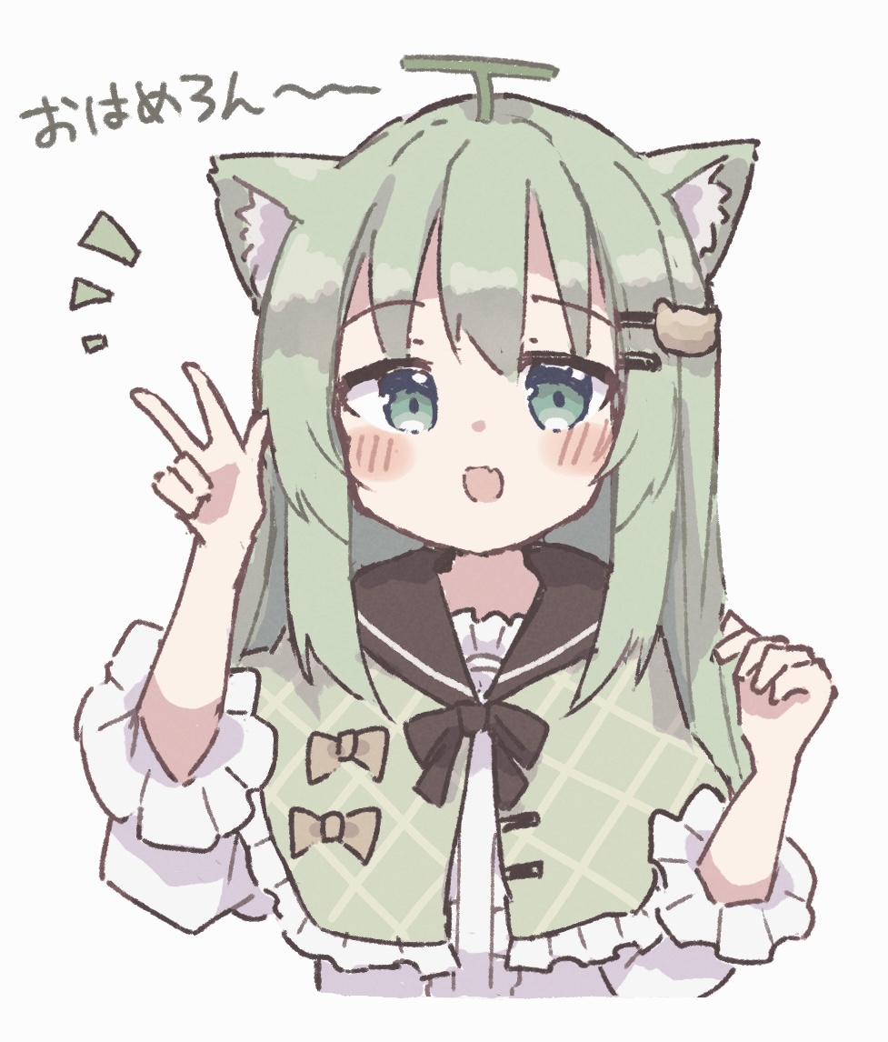 :d ahoge animal_ears black_bow black_bowtie black_sailor_collar blush bow bowtie capelet cat_ears cat_girl cat_hair_ornament center_frills colon_br cropped_torso fang frilled_capelet frills green_eyes green_hair grey_capelet hair_between_eyes hair_ornament hairclip hand_up long_hair long_sleeves looking_at_viewer notice_lines open_mouth original sailor_collar shirt sidelocks simple_background skin_fang smile straight-on straight_hair upper_body v white_background white_shirt