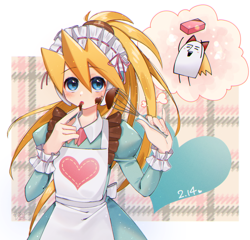 1girl alternate_costume apron baking blonde_hair blue_eyes breasts chocolate ciel_(mega_man) collared_shirt dress finger_to_mouth frilled_dress frilled_hairband frills hairband heart long_hair long_sleeves mega_man_(series) mega_man_x_(series) mega_man_x_dive mega_man_zero_(series) open_mouth ponytail sakuraba_(cerisier_x) shirt simple_background small_breasts tasting thought_bubble valentine