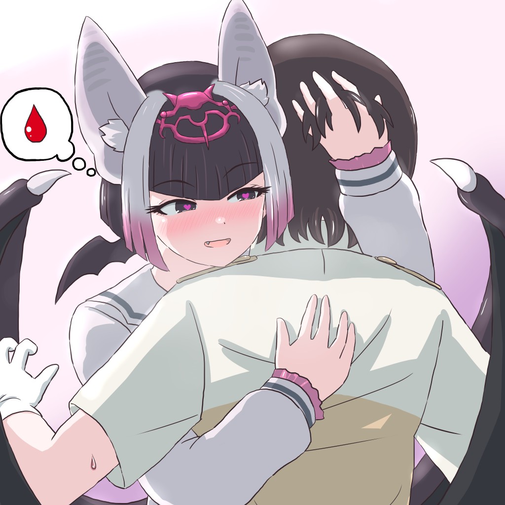1boy 1girl animal_ears arm_around_back arm_around_neck arm_up bat_ears bat_girl bat_wings black_eyes black_hair blood blood_drop blush brown_hair captain_(kemono_friends) commentary common_vampire_bat_(kemono_friends) eyelashes fang gloves grey_hair hand_on_another's_back hand_on_another's_head hand_up head_wings heart heart-shaped_pupils hug kemono_friends kemono_friends_3 long_sleeves medium_hair mukouyama_mu multicolored_hair multiple_wings nose_blush parted_lips pink_hair shirt short_sleeves smile symbol-only_commentary symbol-shaped_pupils thought_bubble wings