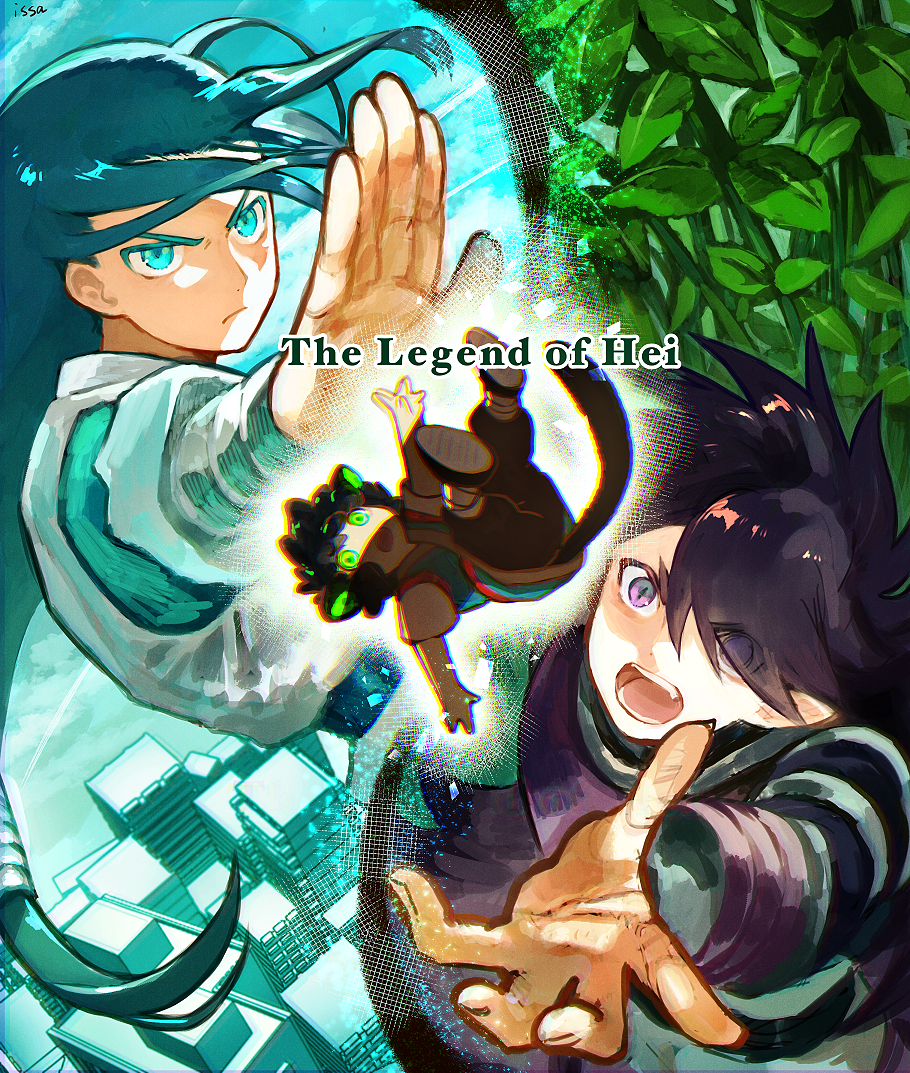 3boys animal_ears aqua_eyes black_hair building cat_boy cat_ears cat_tail chromatic_aberration city copyright_name english_text fengxi_(the_legend_of_luoxiaohei) hair_over_one_eye isasasa001 leaf long_hair long_sleeves low-tied_long_hair luo_xiaohei luo_xiaohei_zhanji multiple_boys open_mouth plant pointy_ears short_hair short_sleeves slit_pupils tail violet_eyes wuxian_(the_legend_of_luoxiaohei)