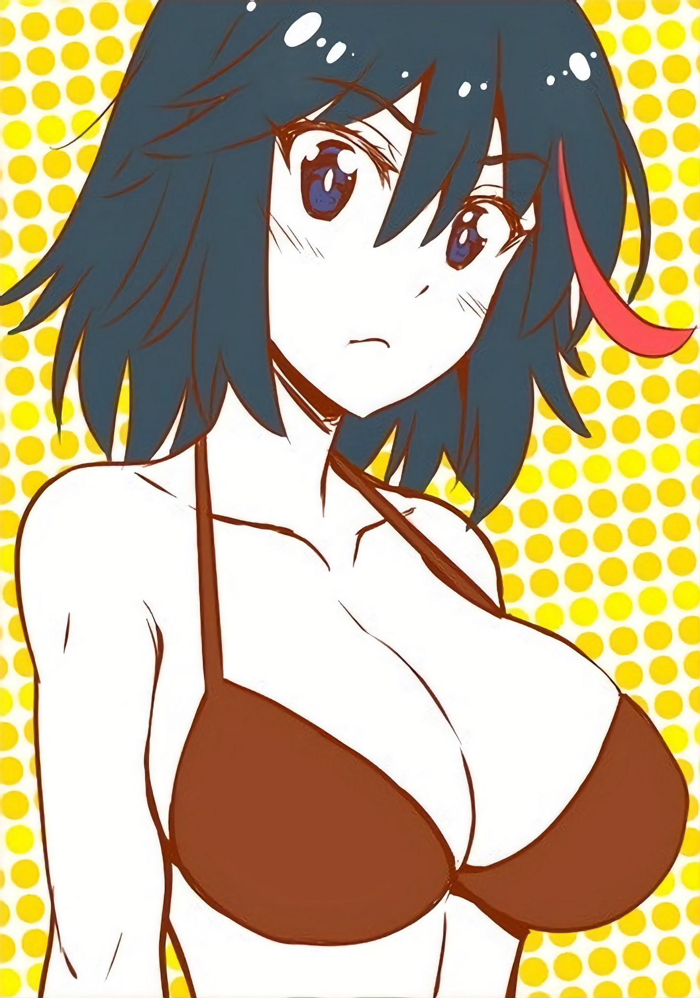 1girl alternate_breast_size bare_shoulders bikini bikini_top_only black_hair blue_eyes blush bra brown_bikini cleavage closed_mouth collarbone frown hair_between_eyes head_tilt kill_la_kill large_breasts looking_at_viewer matoi_ryuuko multicolored_hair partially_colored polka_dot short_hair simple_background sketch solo spot_color strap_gap streaked_hair swimsuit two-tone_hair upper_body yellow_background