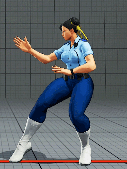 1girl alternate_costume belt belt_pouch black_hair blue_pants blue_shirt boots bouncing_breasts breasts chun-li collared_shirt curvy double_bun fighting_stance full_body gameplay_mechanics hair_bun hair_ribbon hand_on_hip pants police_uniform policewoman shirt solo street_fighter street_fighter_v taut_clothes thick_thighs thighs uniform watch white_footwear wide_hips