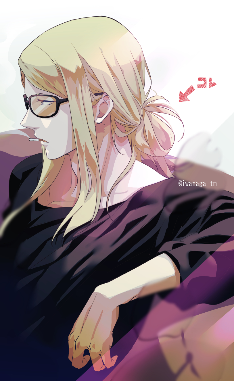 1boy alternate_hairstyle artist_name black_shirt blonde_hair cigarette collarbone couch fate/grand_order fate_(series) highres iwanaga_tm long_hair male_focus on_couch orange-tinted_eyewear profile shirt simple_background sitting solo sunglasses tezcatlipoca_(fate) tinted_eyewear upper_body white_background