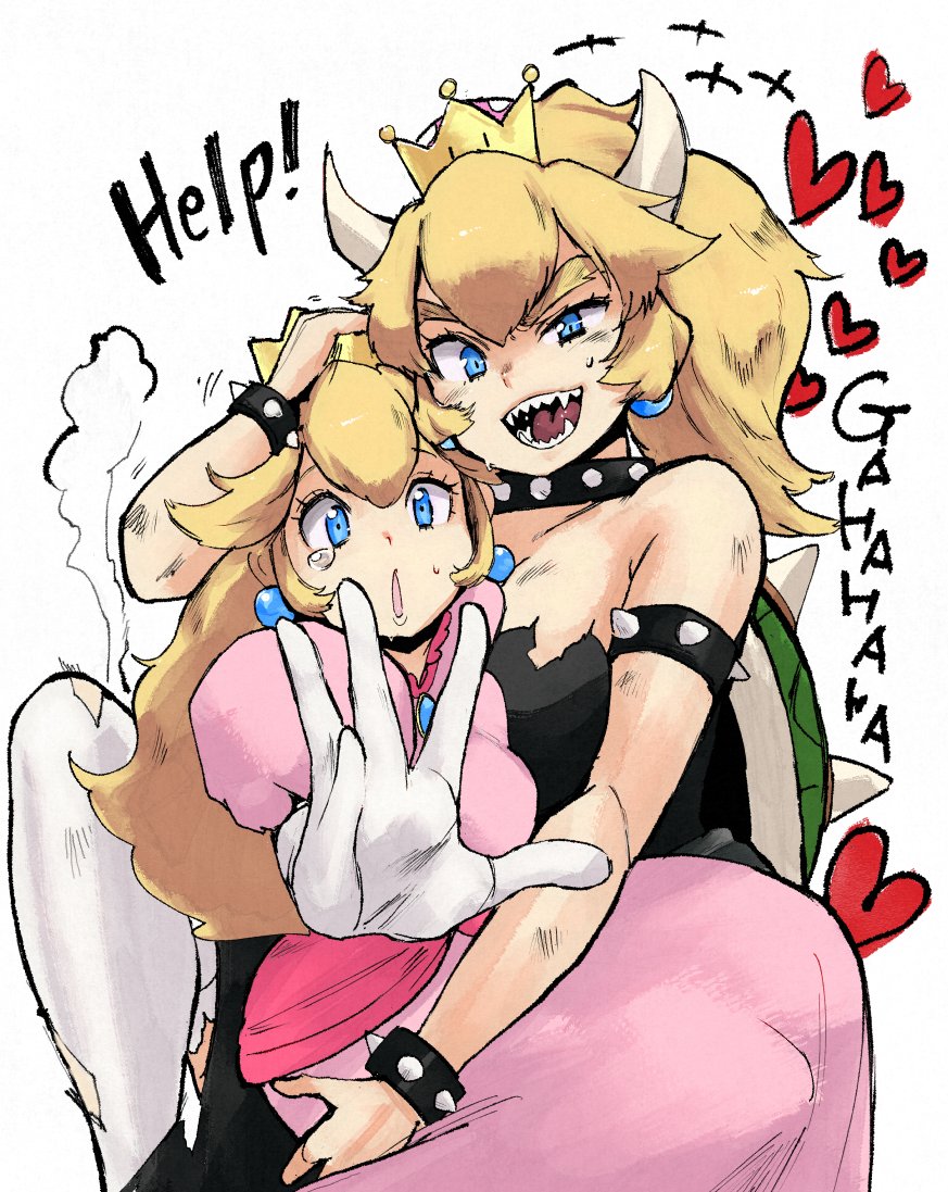 +++ 2girls armlet black_dress blonde_hair blue_eyes bowsette bracelet brooch bt_(shio_oninko) burnt_clothes carrying collar crown dress earrings elbow_gloves english_text eyelashes gloves half-closed_eyes heart height_difference high_ponytail hug jewelry kidnapping laughing leg_lift leg_up long_dress long_hair looking_at_viewer multiple_girls new_super_mario_bros._u_deluxe open_mouth outstretched_arm outstretched_hand parted_bangs parted_lips pink_dress princess_peach puffy_short_sleeves puffy_sleeves reaching reaching_towards_viewer sharp_teeth short_sleeves simple_background smile spiked_armlet spiked_bracelet spiked_collar spiked_shell spikes strapless strapless_dress super_crown super_mario_bros. super_mario_bros._1 sweat tall_female tearing_up teeth thick_eyebrows thigh-highs tongue tongue_out torn_clothes torn_dress torn_thighhighs turtle_shell unhappy v-shaped_eyebrows very_long_hair white_background white_gloves yuri