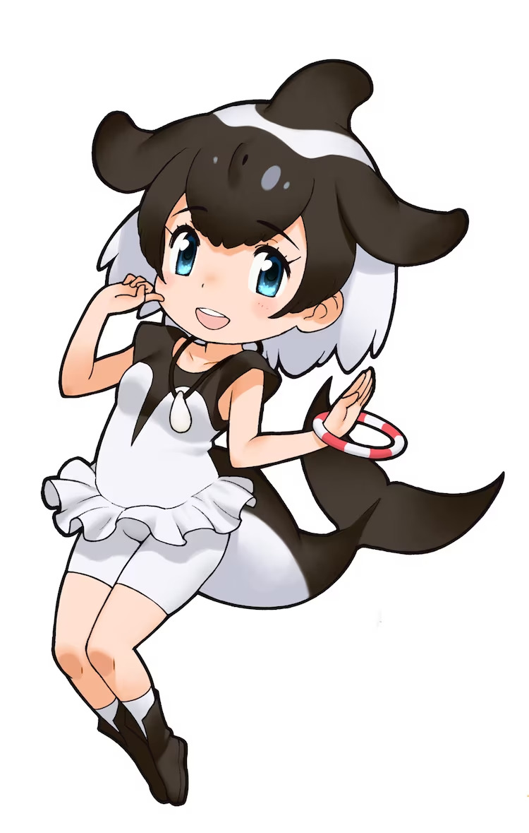 1girl black_hair bracelet cetacean_tail commerson's_dolphin_(kemono_friends) dolphin_girl dress fins fish_tail green_eyes jewelry kemono_friends leggings looking_at_viewer multicolored_hair necklace official_art open_mouth shoes short_hair simple_background socks solo tail two-tone_hair white_hair yoshizaki_mine