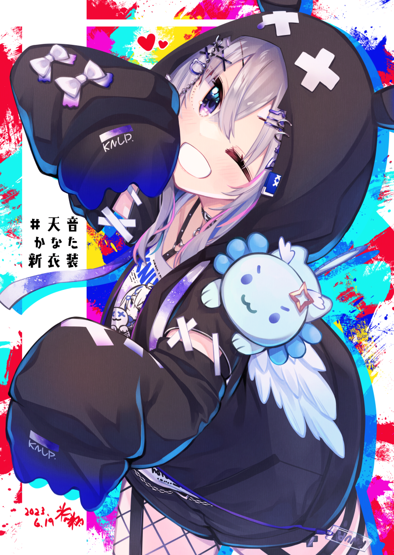 1girl :d amane_kanata asymmetrical_legwear black_jacket blue_jacket blush cowboy_shot feathered_wings fishnet_thighhighs fishnets gradient_jacket grey_hair grin hikawa_shou hololive hood hood_up hooded_jacket jacket long_hair long_sleeves looking_at_viewer mini_wings multicolored_background one_eye_closed open_clothes open_jacket open_mouth print_shirt puffy_sleeves shirt sidelocks single_thighhigh sleeves_past_fingers sleeves_past_wrists smile solo teeth thigh-highs thigh_strap violet_eyes virtual_youtuber white_shirt white_wings wings