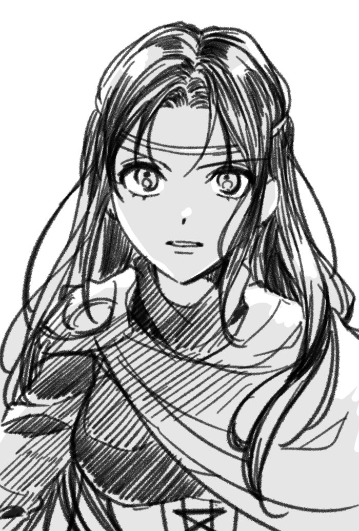 1girl cape circlet corset gensou_suikoden gensou_suikoden_i greyscale long_hair looking_at_viewer monochrome odessa_silverberg ruki_gnsi simple_background solo white_background