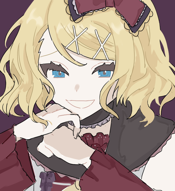 0211nami black_collar blonde_hair blue_eyes bow collar gothic hair_bow hand_on_own_cheek hand_on_own_face kagamine_rin kakuzetsu_thanatos_(vocaloid) looking_at_viewer multiple_hairpins open_mouth portrait purple_background simple_background smile solo vocaloid