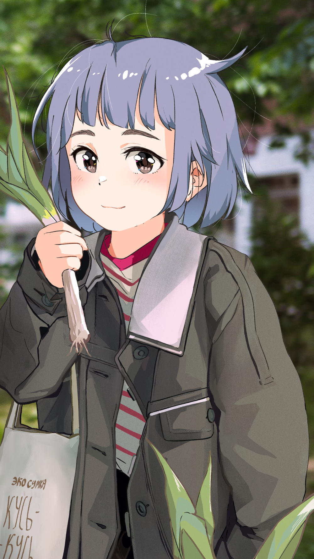 1girl bag blurry blurry_background bob_cut brown_eyes closed_mouth coat commentary depth_of_field eyelashes food green_coat grey_hair hair_strand hand_in_pocket hand_up highres holding holding_food holding_spring_onion holding_vegetable katya_(servachok) light_smile long_sleeves looking_at_viewer messy_hair open_clothes open_coat original outdoors red_shirt servachok shirt shopping_bag short_hair shoulder_bag smile solo spring_onion standing striped striped_shirt thick_eyebrows translated two-tone_shirt upper_body vegetable white_shirt