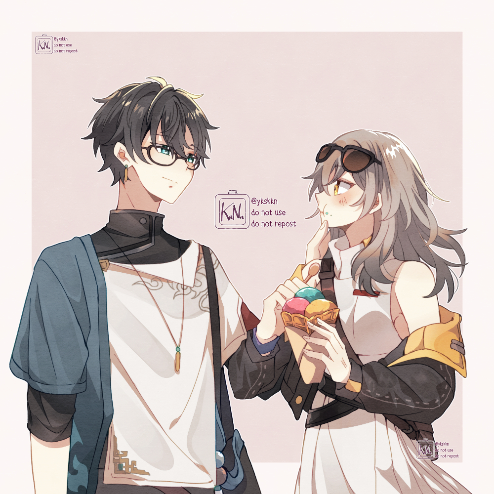 1boy 1girl belt black_hair black_jacket black_sleeves breasts dan_heng_(honkai:_star_rail) dress earrings eating english_text eyewear_on_head food glasses green_eyes hand_on_another's_chin hetero holding holding_food holding_spoon honkai:_star_rail honkai_(series) ice_cream ice_cream_cone jacket jewelry kana_(ykskkn) looking_at_another medium_breasts necklace open_clothes open_jacket shirt short_hair simple_background smile spoon stelle_(honkai:_star_rail) stelle_(world_tour_2023)_(honkai:_star_rail) trailblazer_(honkai:_star_rail) twitter_username upper_body white_dress white_shirt yellow_eyes
