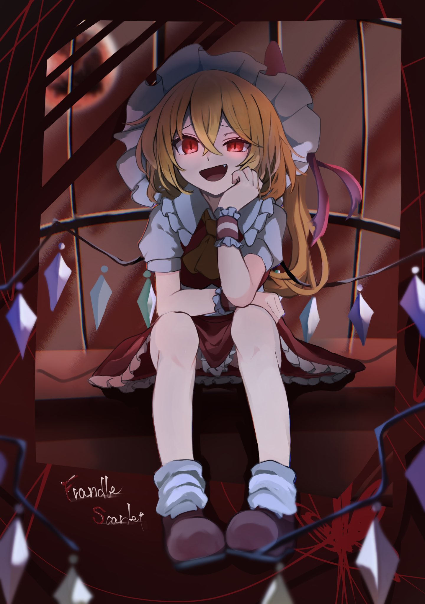 1girl :d arm_support ascot blonde_hair character_name collar collared_shirt commentary crystal fang flandre_scarlet frilled_collar frilled_skirt frills glowing glowing_eyes hair_between_eyes hat hat_ribbon highres koroyarou long_hair looking_at_viewer mary_janes moon one_side_up open_mouth red_eyes red_moon red_ribbon red_skirt red_vest ribbon shirt shoes sitting skirt smile socks solo string touhou vest white_headwear white_shirt white_socks wings wrist_cuffs yellow_ascot