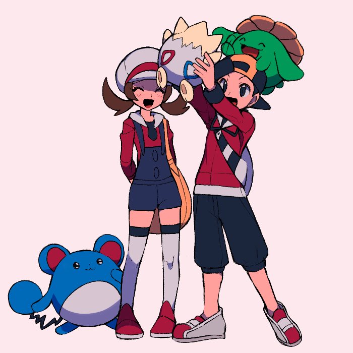 1boy 1girl :d backwards_hat baseball_cap black_eyes black_hair black_headwear black_pants blue_overalls blush brown_hair cabbie_hat capri_pants closed_eyes commentary ethan_(pokemon) eyelashes happy hat holding holding_pokemon jacket long_hair long_sleeves lyra_(pokemon) marill open_mouth overalls pants pokemon pokemon_(creature) pokemon_(game) pokemon_hgss red_footwear red_jacket red_shirt shirt shoes skiploom smile symbol-only_commentary thigh-highs togepi twintails tyako_089 white_headwear yellow_bag
