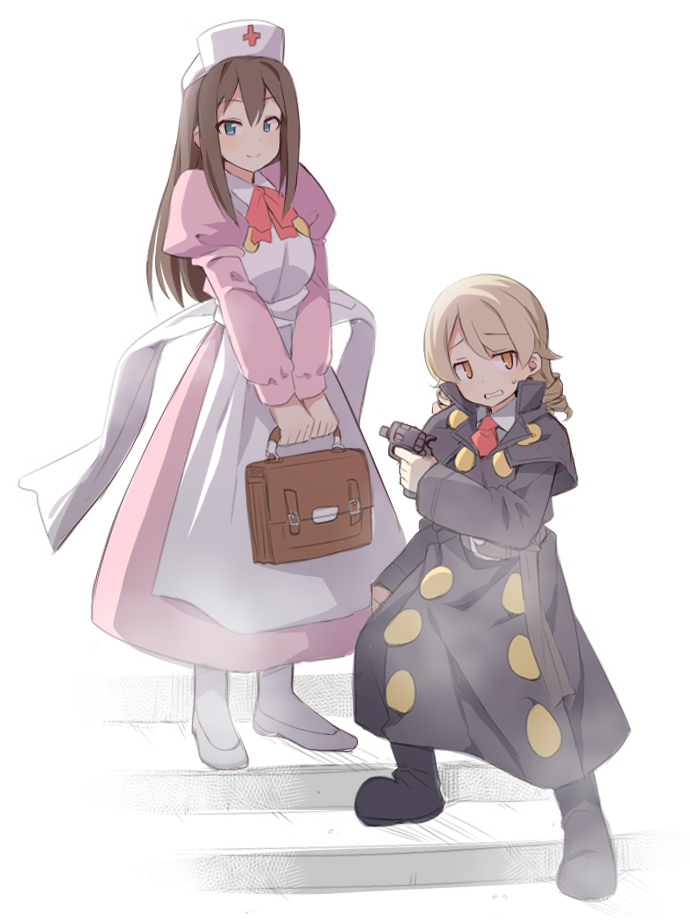2girls apron belt black_capelet black_coat black_footwear blush boots bow breasts briefcase brown_belt brown_eyes brown_hair buttons capelet closed_mouth coat collared_shirt cosplay cross double-breasted dress embarrassed finger_on_trigger flat_color flats full_body green_eyes gun hand_up handgun hat height_difference high_collar holding holding_briefcase holding_gun holding_weapon idolmaster idolmaster_cinderella_girls juliet_sleeves legs_apart light_brown_hair ling_ling ling_ling_(cosplay) long_coat long_dress long_hair long_sleeves looking_at_viewer medium_breasts morikubo_nono multiple_girls narutaki_(steam_detectives) narutaki_(steam_detectives)_(cosplay) neck_ribbon necktie nurse nurse_cap own_hands_together pantyhose parted_lips pink_dress puffy_sleeves raised_eyebrows red_bow red_cross red_necktie red_ribbon revision revolver ribbon ringlets sash shibuya_rin shirt shoes sidelocks small_breasts smile stairs standing steam_detectives straight_hair sweat swept_bangs uccow v_arms very_long_hair weapon white_apron white_background white_footwear white_headwear white_pantyhose white_shirt wing_collar