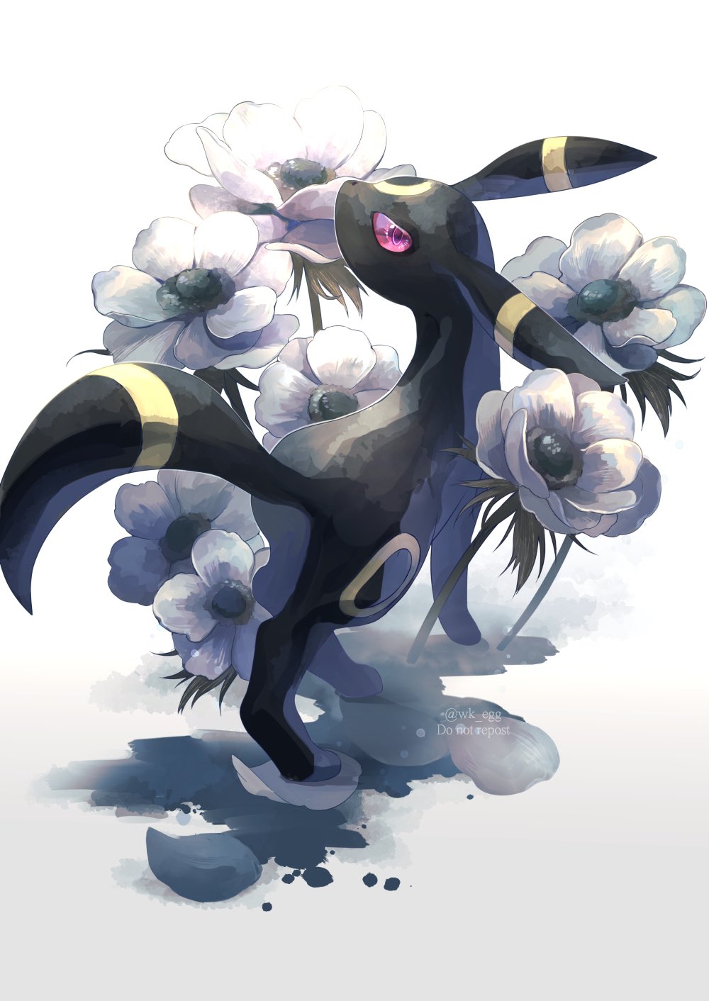 commentary_request eko_(wk_egg) flower highres looking_at_viewer looking_back no_humans pokemon pokemon_(creature) solo standing twitter_username umbreon violet_eyes watermark white_background