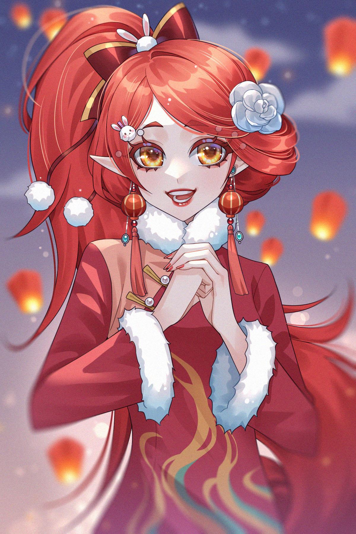 1girl :d blurry blurry_background bow china_dress chinese_clothes chinese_new_year chun_(xiao_huaxian) cotton_ball dress flower fur-trimmed_dress fur_trim hair_bow hair_flower hair_ornament highres kumu_zaisheng lantern lantern_earrings looking_at_viewer night night_sky palm-fist_greeting paper_lantern pointy_ears ponytail rabbit_hair_ornament red_bow red_dress red_lips red_nails redhead sky sky_lantern smile solo swept_bangs teeth upper_body white_flower xiao_huaxian yellow_eyes