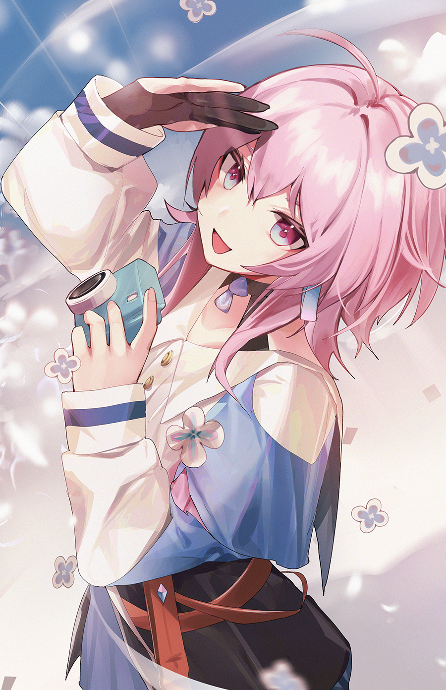 1girl ahoge arm_up black_choker black_gloves blue_eyes blue_flower blue_jacket blue_skirt blue_sky buttons camera choker clouds cloudy_sky collarbone collared_shirt day fingernails flower gloves hair_between_eyes hair_flower hair_ornament hand_up highres holding holding_camera honkai:_star_rail honkai_(series) jacket long_fingernails long_sleeves looking_at_viewer march_7th_(honkai:_star_rail) multicolored_eyes open_clothes open_jacket open_mouth outdoors pink_eyes pink_hair puffy_long_sleeves puffy_sleeves shirt short_hair skirt sky smile solo standing white_shirt xoaiu