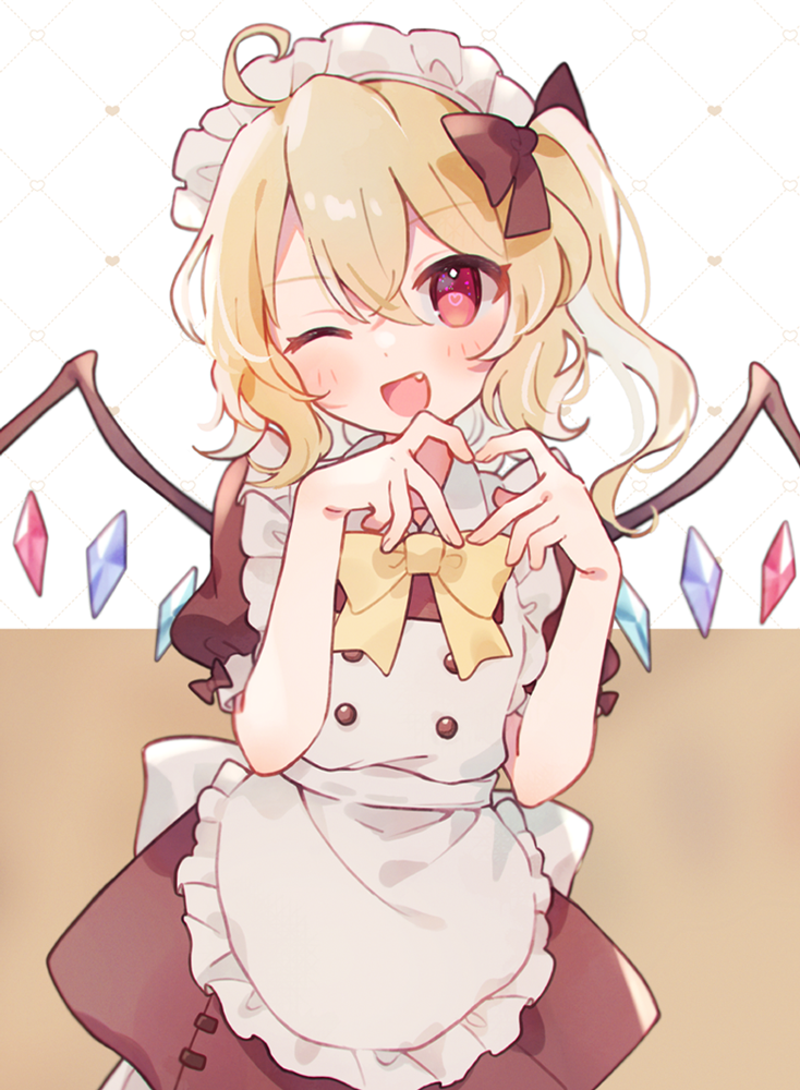 1girl ahoge alternate_costume apron blonde_hair blush bow bowtie crystal dress enmaided fang flandre_scarlet hair_between_eyes heart heart_hands long_hair maid maid_day maid_headdress nig_18 one_eye_closed open_mouth red_dress red_eyes short_sleeves side_ponytail smile solo touhou white_apron wings yellow_bow yellow_bowtie