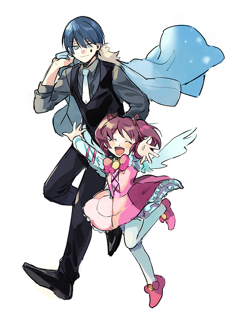 1boy 1girl age_difference black_footwear black_pants black_vest blue_coat blue_hair blue_necktie closed_eyes closed_mouth coat coat_on_shoulders collared_shirt commentary_request dress e.g.o_(project_moon) employee_(lobotomy_corporation) frilled_dress frills grey_eyes grey_shirt hair_ribbon height_difference lobotomy_corporation long_bangs long_sleeves medu_(rubish) neck_ribbon necktie open_mouth pants pantyhose pink_dress pink_footwear pink_ribbon project_moon red_ribbon ribbon shirt short_hair short_twintails simple_background sketch smile twintails vest white_background white_pantyhose white_shirt