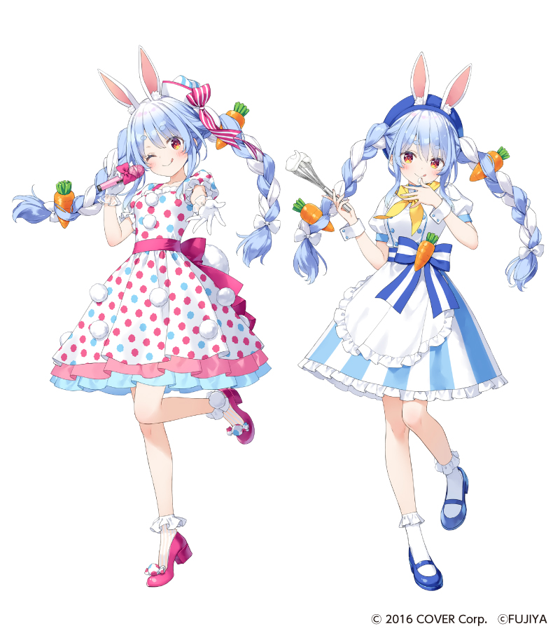 1girl :q animal_ears apron beret blue_footwear blue_hair blue_headwear blush bobby_socks bow braid carrot_hair_ornament closed_mouth commentary_request dress ears_through_headwear food-themed_hair_ornament frilled_apron frilled_skirt frills fujiya gloves hair_between_eyes hair_bow hair_ornament hand_up hat holding holding_microphone hololive kani_biimu microphone multicolored_hair multiple_views official_art pleated_dress polka_dot polka_dot_dress puffy_short_sleeves puffy_sleeves rabbit_ears red_eyes red_footwear shoes short_eyebrows short_sleeves simple_background skirt smile socks standing standing_on_one_leg striped striped_bow striped_skirt thick_eyebrows tongue tongue_out twin_braids twintails two-tone_hair usada_pekora vertical-striped_skirt vertical_stripes virtual_youtuber waist_apron whisk white_apron white_background white_bow white_gloves white_hair white_headwear white_socks