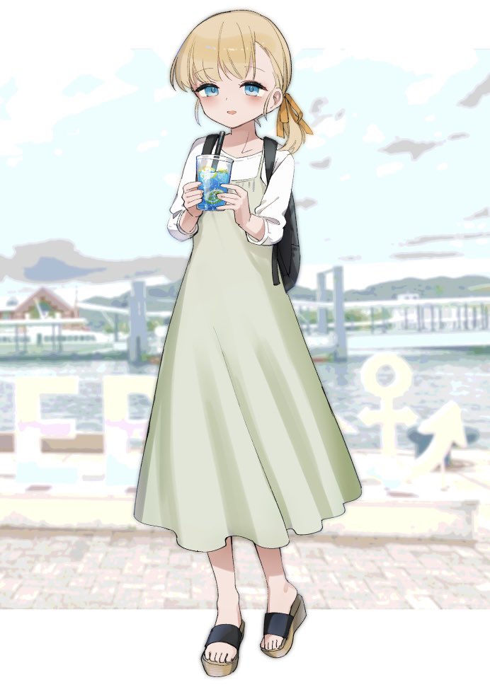 1girl alternate_costume blonde_hair blue_eyes blue_sky blunt_bangs clouds day dress drink full_body grey_dress hair_ribbon kantai_collection long_hair one-hour_drawing_challenge outdoors ribbon shin'you_(kancolle) shirt sky solo toeless_footwear white_shirt yamashichi_(mtseven)